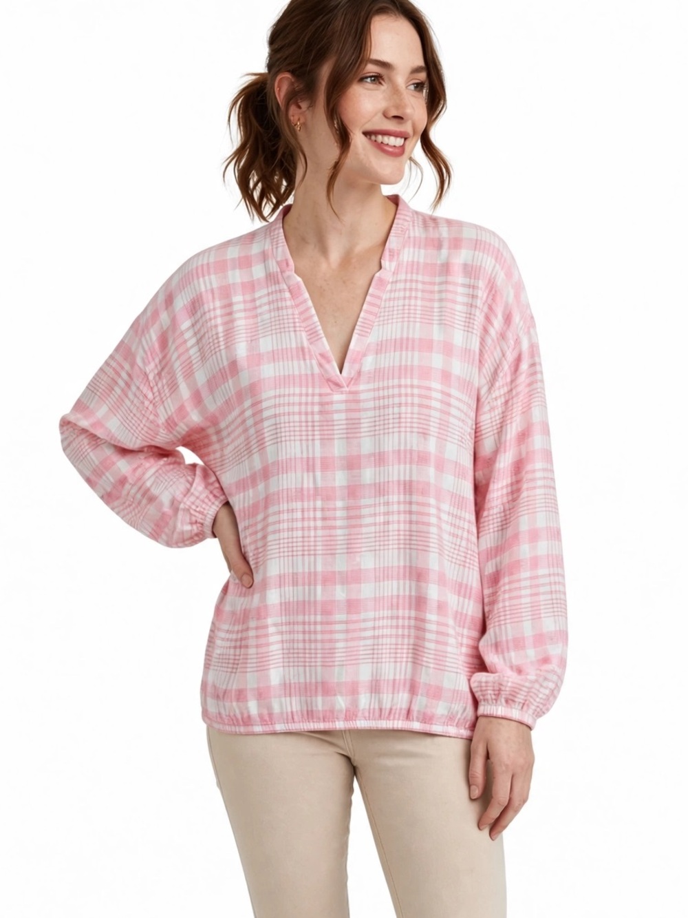 Carve Designs XL Pink White Plaid V Neck Long Sleeve Blouse Coastal Casual Top